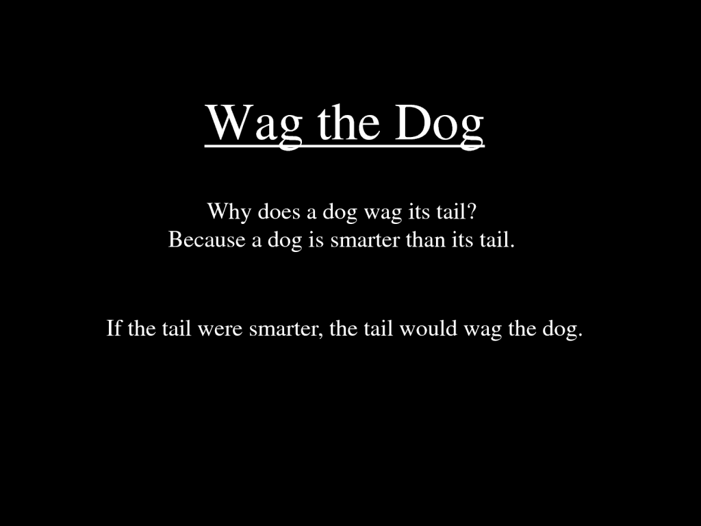 L'algoritmo che spiega il tiolo originale : Perché il cane scuote la coda? Perché è più intelligente della propria coda. Se la coda fosse più intelligente, sarebbe essa a scuoter il cane. 
