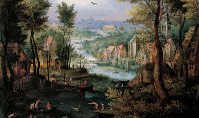 Brueghel Jan il Vecchio: Paesaggio fluviale con bagnanti.