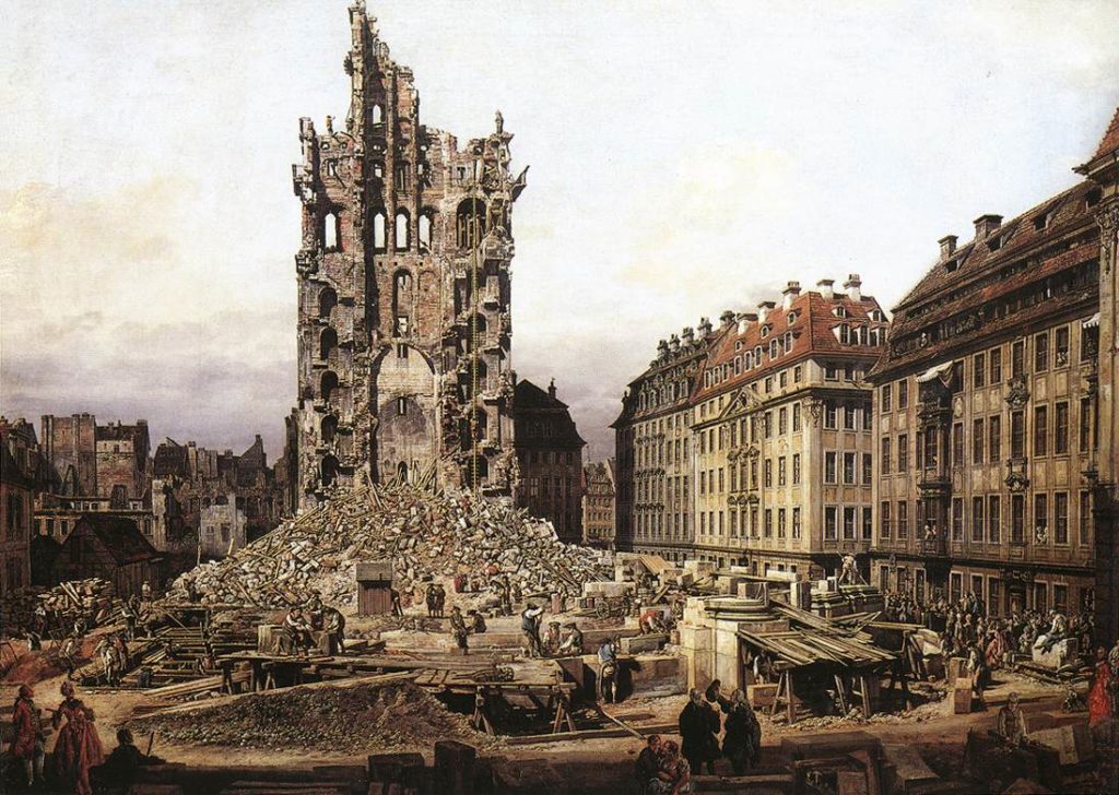 Bernardo Bellotto: Dresda-Le rovine della Kreutzkirche dopo il bombardamento dei Prussiani