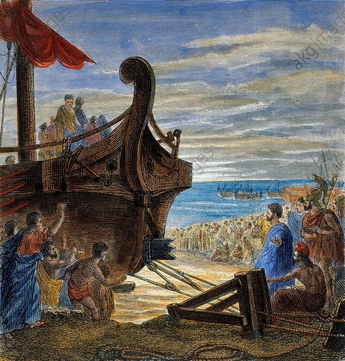 Archimede, illustre Siracusano, dimostra il teorema della leva che solleva una nave