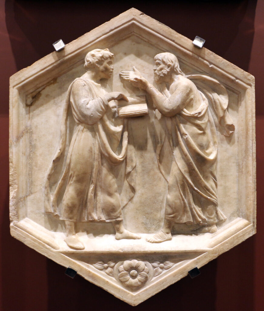  Luca della Robbia: Platone e Aristotele ovvero la Dialettica; 1437-39 Dal lato nord_del_Campanile della Cattedrale di Firenze